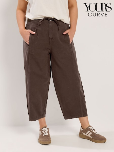 Brown - Yours Curve Barrel Leg Cropped Trousers