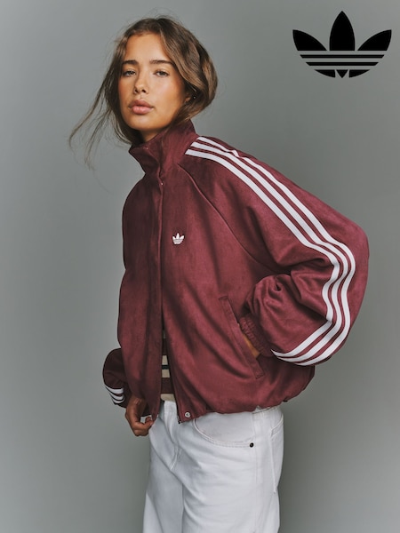 Berry Red - Adidas Originals Funnel Neck Faux Suede Jacket