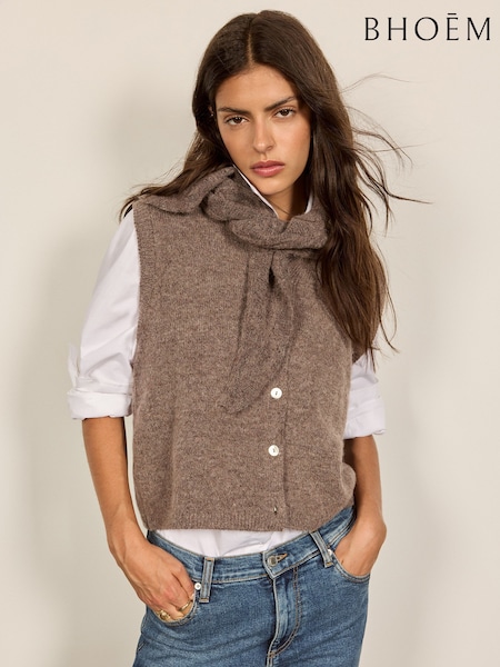 Taupe Brown - Removable Scarf Buttoned Knit Vest