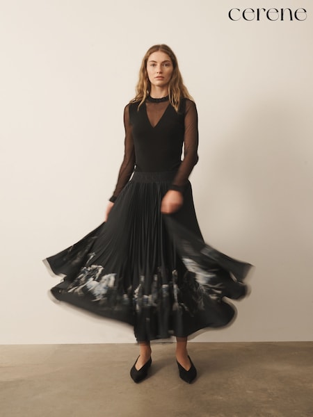 Black Elegance Horse Print - Cerene Pleated Mesh Trim Midi Skirt