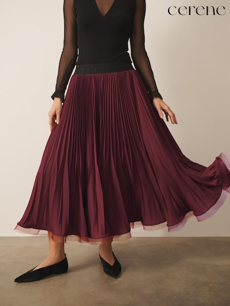 Burgundy Red - Cerene Pleated Mesh Trim Midi Skirt