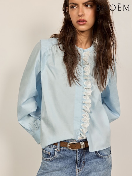 Blue - Lace Ruffle Detail Cotton Shirt