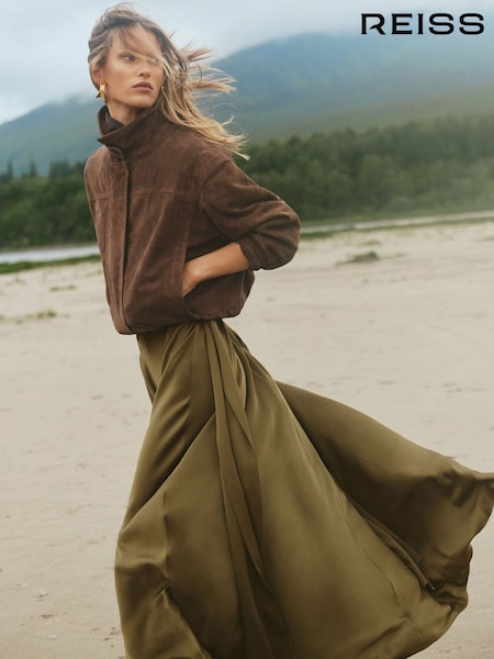 Khaki Green - Reiss Sabine Satin Cape-detail Maxi Dress