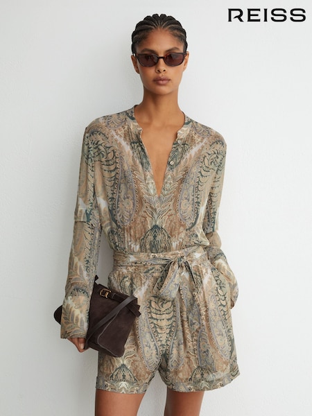 Grey/Neutral - Reiss Finnola Paisley-print Tie-waist Playsuit