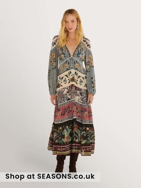 Cream - Farm Rio Stained Glass Beauty Soft Blue Mixed Long Sleeve Maxi Dress