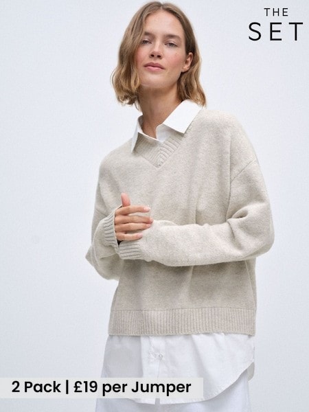 Brown Marl Oatmeal Marl - The Set 2 Pack Layered V-neck Jumpers