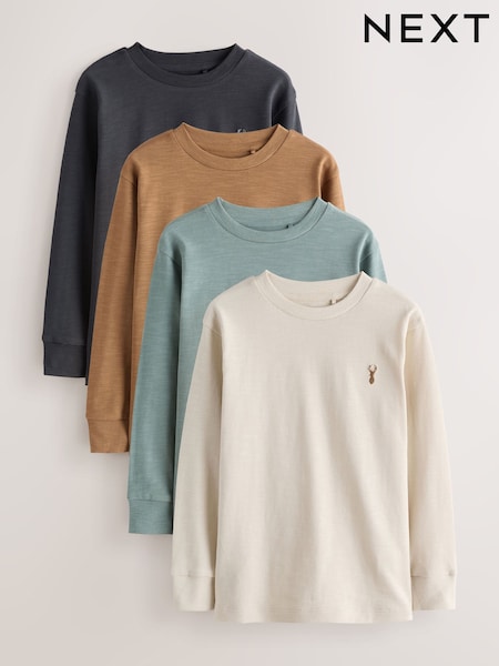 Blue/Ecru/ Tan/ Charcoal - Long Sleeve Cosy T-shirts 4 Pack (3-16yrs)