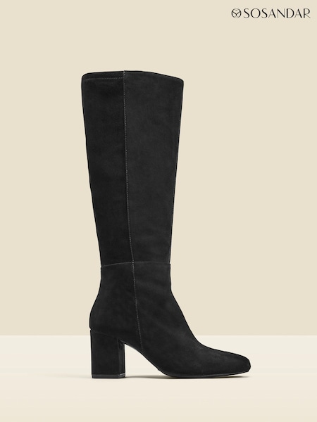 Sosandar Black Stretch Suede Low Block Heel Knee High Boots (W03922) | £165