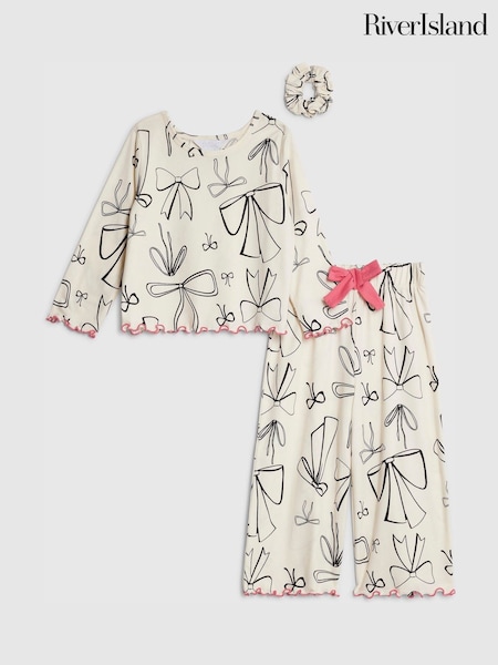 River Island Cream Long Sleeve Mono Bow Pyjamas (W03957) | £14