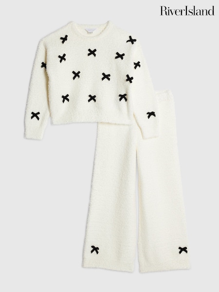 River Island Cream Mono Bow Cosy Jumper & Trousers Set (W04047) | £36