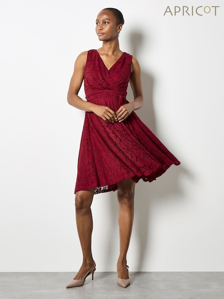 Apricot Red Lace V-Neck Fit & Flare Belted Dress (W04098) | £42