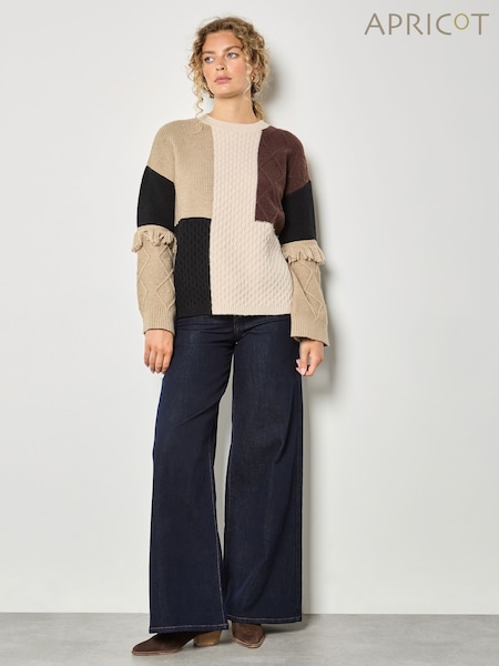 Apricot Brown Mixed Cable Patchwork Fringe Jumper (W04108) | £45