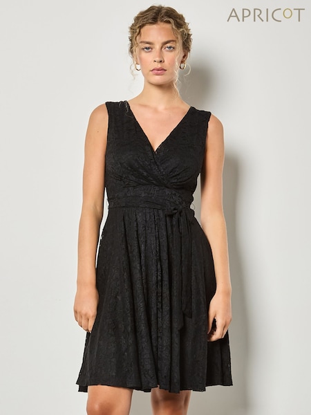 Apricot Black Lace V-Neck Fit & Flare Belted Dress (W04114) | £42