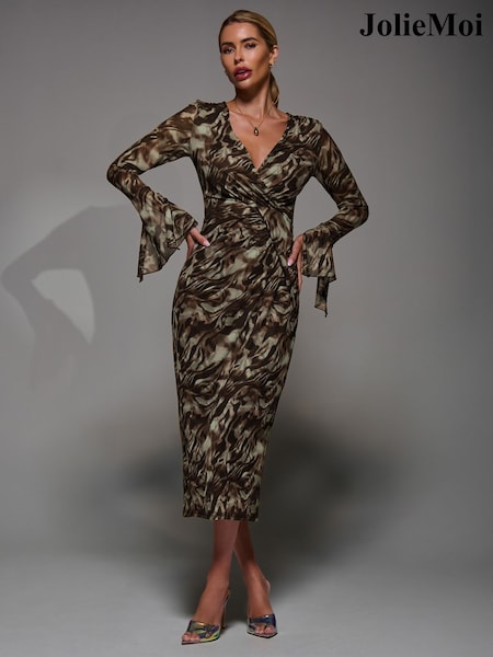 Jolie Moi Brown Long Sleeve Mesh Bodycon Dress (W04235) | £75