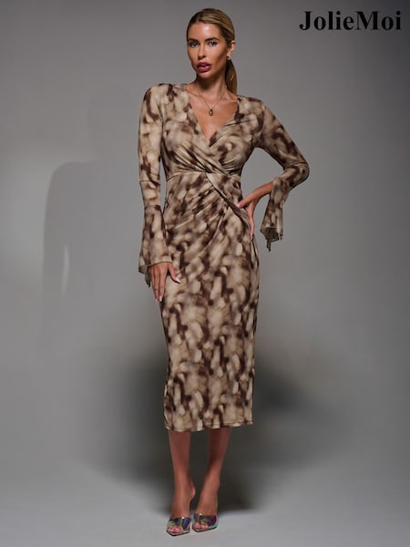 Jolie Moi Natural Long Sleeve Mesh Bodycon Dress (W04237) | £75