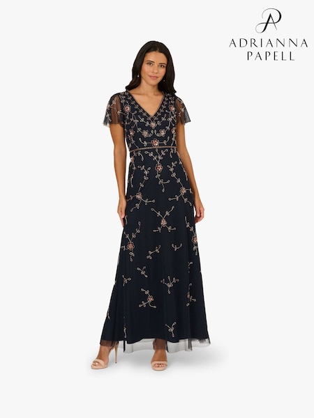 Adrianna Papell Blue Studio Bead V-Neck Long Dress (W04253) | £169