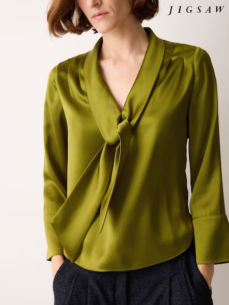 Jigsaw Green Satin Drape Neckline Blouse (W04281) | £99