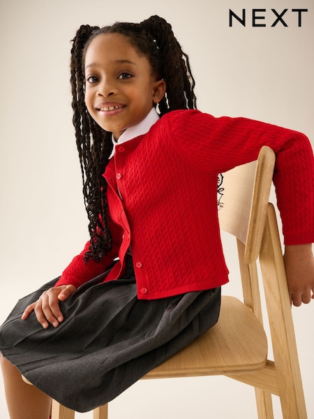 Red - Cotton Rich Cable Knit School Cardigan (3-16yrs)