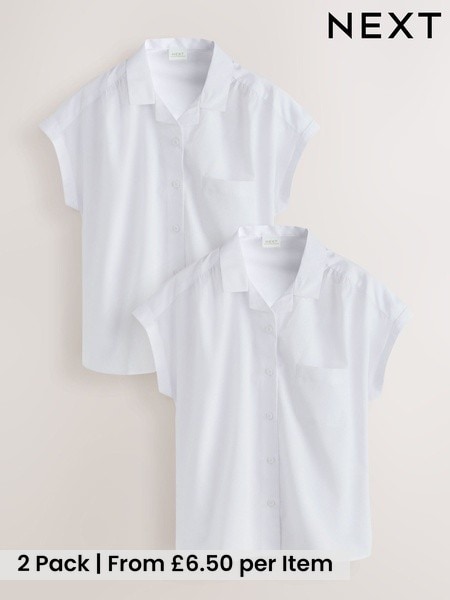 White - 2 Pack Girls Short Sleeve Revere Collar Boxy Fit School Shirts (9-18yrs)
