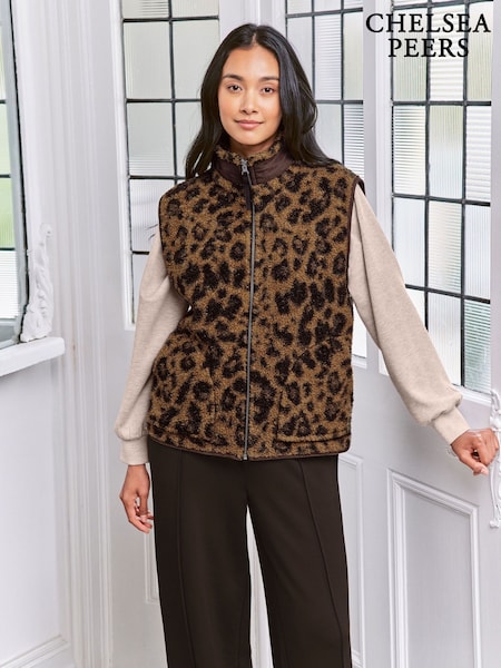 Chelsea Peers Brown Borg Fleece Leopard Print Reversible Gilet (W04354) | £65