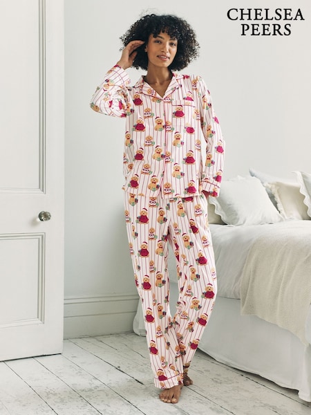 Off White Cotton Chip the Christmas Cockapoo Dog Print Long Pyjamas Set (W04370) | £55