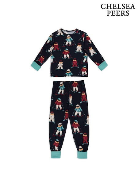 Chelsea Peers Blue Skiing Chip the Cockapoo Dog Print Long Pyjamas Set (W04374) | £20