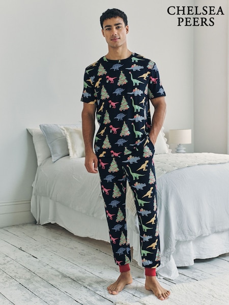 Chelsea Peers Blue Christmas Dinosaur Print Long Pyjamas Set (W04376) | £42