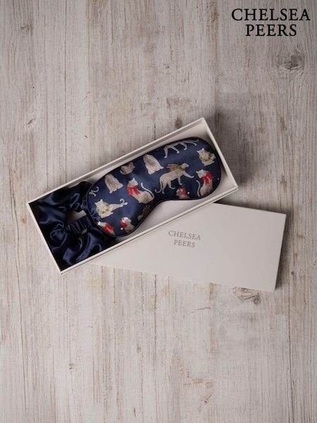 Chelsea Peers Blue Satin Christmas Leopard Print Sleep Mask & Scrunchie Gift Set (W04387) | £20
