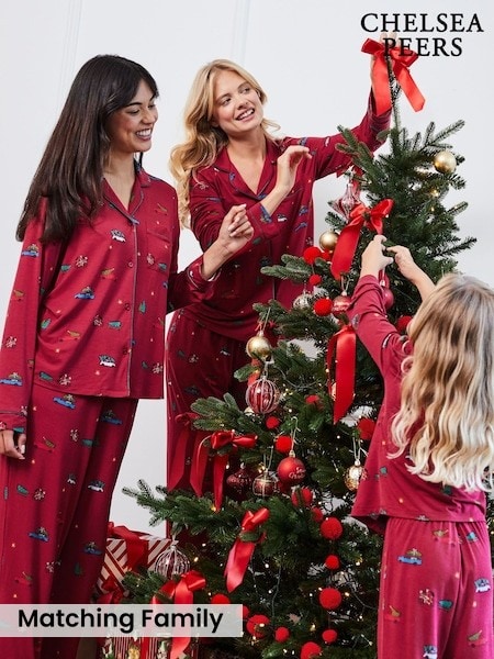 Chelsea Peers Red TENCEL™ Modal Christmas Tree Car Print Long Button Up Pyjamas Set (W04405) | £58