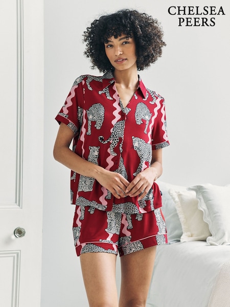 Chelsea Peers Red Snow Leopard Wavy Stripe Print Short Pyjamas Set (W04407) | £35