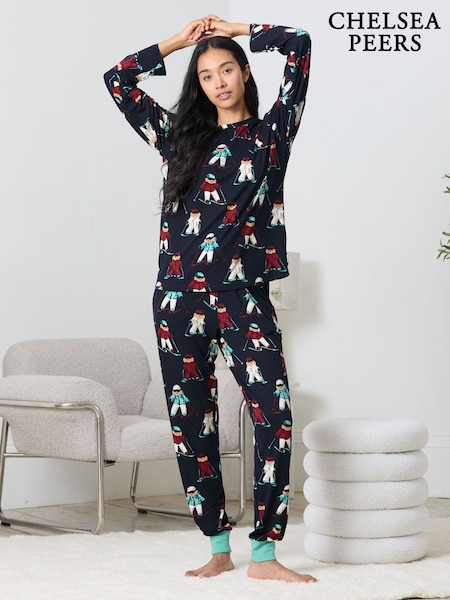 Blue Skiing Chip the Cockapoo Dog Print Long Pyjamas Set (W04414) | £39