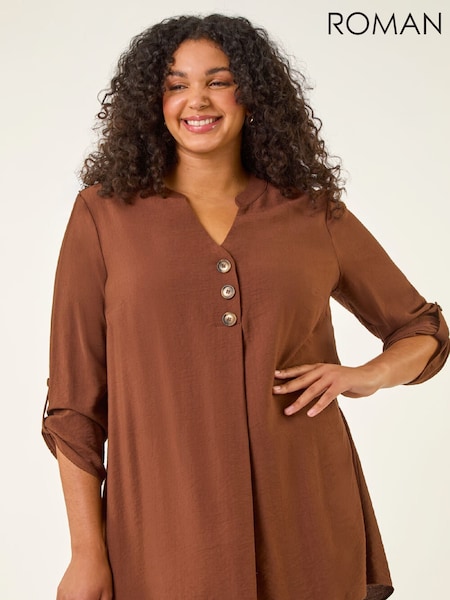 Roman Brown Curve Button Detail Tunic Top (W04433) | £42