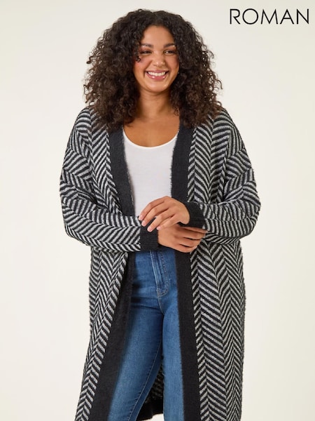 Roman Black Curve Chevron Fluffy Knit Cardigan (W04439) | £52