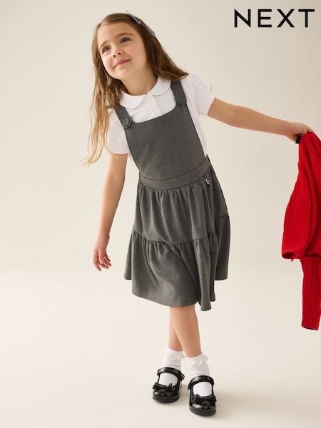 Grey - Jersey Stretch Tiered Pinafore School Dress (3-14yrs)