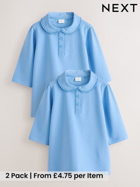 Blue - 2 Pack Girls Cotton Stretch Three Quarter Sleeve Frill Collar School Polo Tops (3-16yrs)