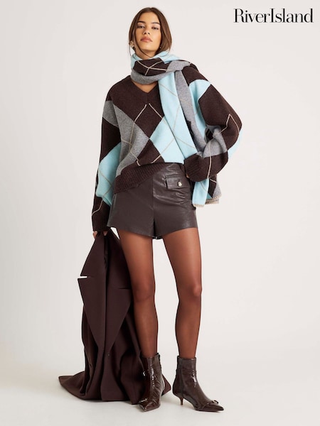 River Island Brown V-Neck Argyle Jumper (W04513) | £44