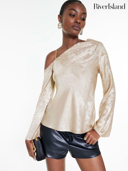 River Island Gold One Shoulder Drape Sleeve Top (W04526) | £40