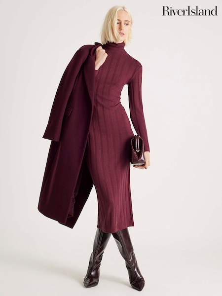 River Island Red Long Sleeve Cosy High Neck Midi Dress (W04527) | £36