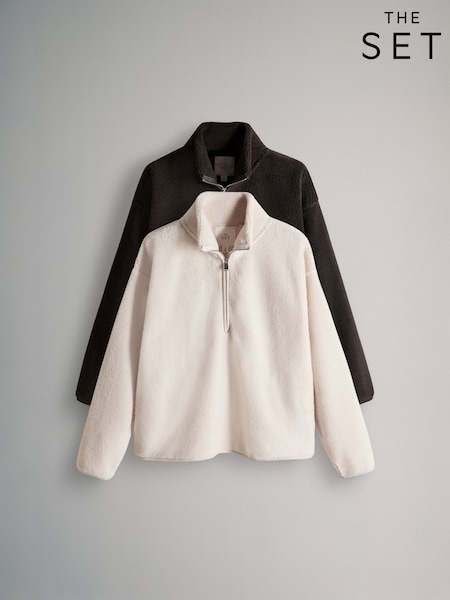 The Set 2 Pack Borg Funnel Neck 1/4 Zip Jumper Chocolate Brown/Cream (W04665) | £39