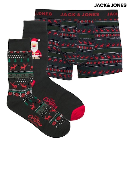 JACK & JONES Black Christmas Reindeer Trunks & Socks Gift Set (W04710) | £18