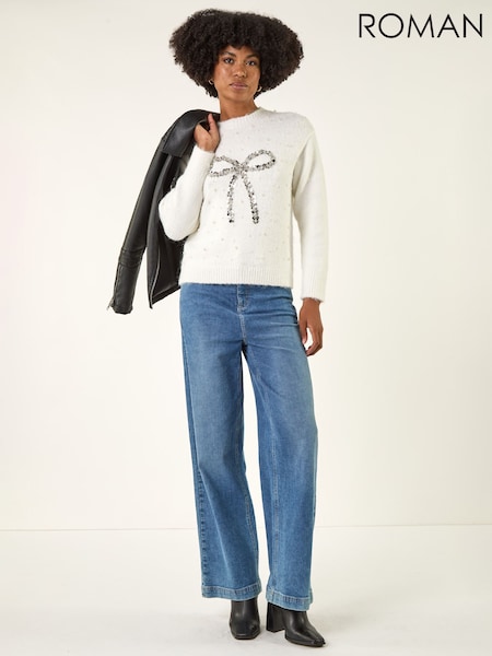 Roman White Embellished Bow Front Knit Jumper (W04850) | £45