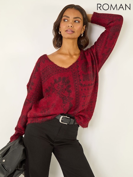 Roman Red Abstract Jacquard V-Neck Jumper (W04855) | £50