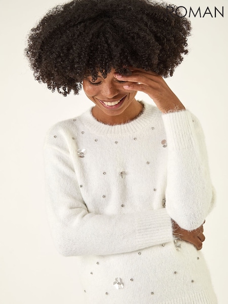 Roman White Embellished Knit Jumper (W04860) | £45
