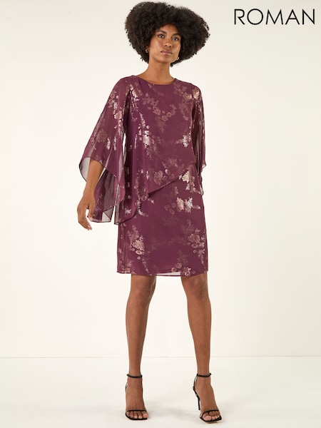 Roman Red Foil Print Asymmetric Overlay Dress (W04874) | £68