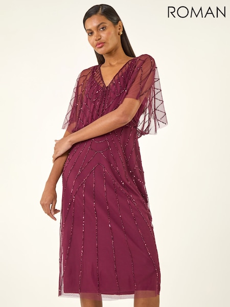 Roman Red Beaded V-Neck Midi Dress (W04875) | £95