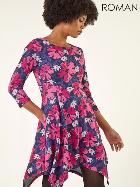 Roman Pink Floral Print Hanky Hem Dress (W04889) | £48