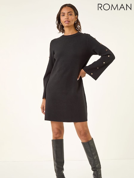 Roman Black Buttoned Knit Dress (W04916) | £50