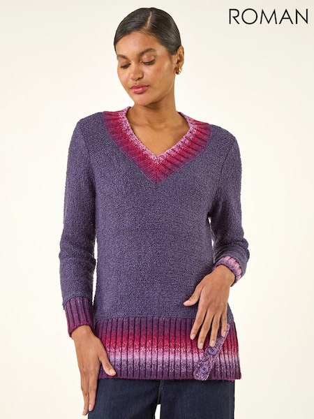 Roman Purple V-Neck Ombre Trim Knit Jumper (W04926) | £45