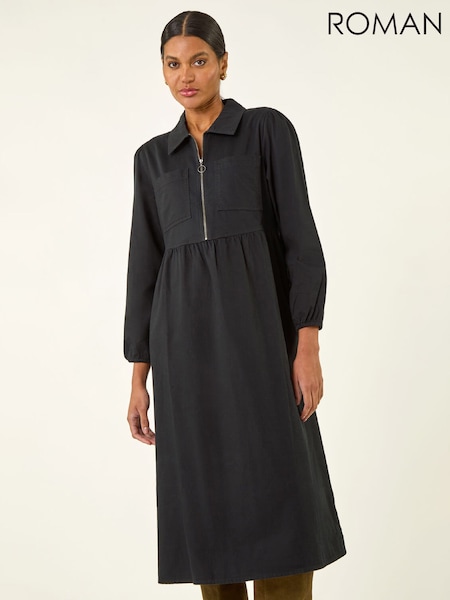 Roman Black Zip Front Collared Midi Dress (W04927) | £58