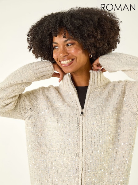 Roman Grey Sequin Zip Knit Cardigan (W04928) | £52